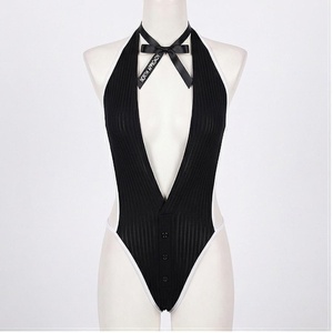 Women's Black Ribbed One-Piece Swimsuit <b>Crossed</b> Halter Deep V Neck Button Front Bodysuit Stretch Swimwear - Product Image 1