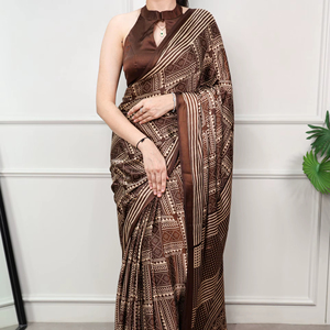 Última Colección de Verano: Sari de Satén de Seda Estampado para Eventos Festivos y Uso Diario, Atuendo Elegante y Hermoso para Mujer - Product Image 1
