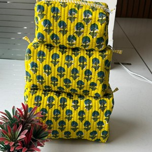 Yellow Quilted Floral Print Cosmetic Toiletry <b>Bag</b> with Zipper Closure Multi-Function Travel Toiletry Organizer for Women - Product Image 3
