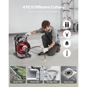 Macchina per la pulizia di scarichi con alimentazione automatica, 50 FT x 5/16 pollici, con 4 frese e interruttore a pedale ad azionamento pneumatico - Product Image 5