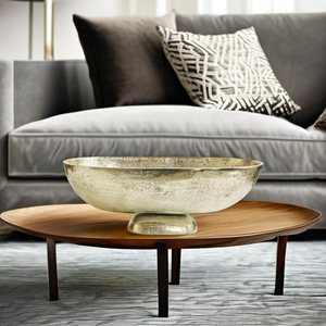 Cuenco de mesa hecho a mano, florero de aluminio de forma ovalada de Color plateado, decoración de jardín para el hogar, pedestal, acabados crudos, cuencos elegantes - Product Image 1