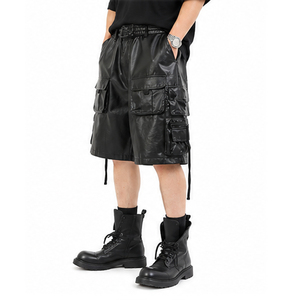 Shorts en similicuir streetwear avec logo personnalisé, fermeture à cordon, taille en cuir tressé, couleur noire, décontracté, pour homme - Product Image 3