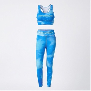 North Approach 2 Piece Yoga Set Racerback <b>Crop</b> <b>Top</b> Full Length Leggings Gradient <b>Blue</b> Print Breathable Sportswear - Product Image 1