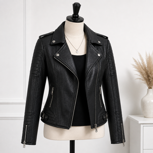 Chaqueta de Motociclista de Cuero PU Negra para Mujer KP INTERNATIONAL, Cierre de Cremallera, Cuello Alto, Estilo Otoñal - Product Image 4