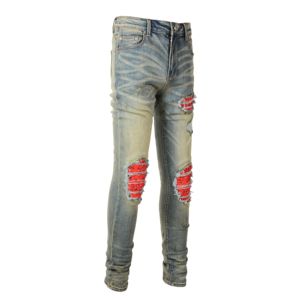 Jeans ajustados de mezclilla para hombre, estilo hip hop Y2K, con lavado enzimático desgastado, rotos y apilados, de corte slim. - Product Image 1
