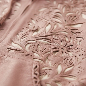 Pink Embossed Floral Hooded PU Leather <b>Jacket</b> With Zipper Closure Casual Unisex Style Autumn Wear - Product Image 4