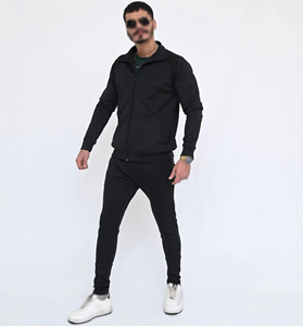 Men's <b>Black</b> Full Zip Tracksuit Set Solid Color Casual <b>Joggers</b> With Side Pockets Breathable Polyester Autumn Wear - Product Image 1