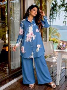 Ensemble Coordonné Décontracté en Soie Beige à Col en V et Manches Longues, Imprimé Floral, Écologique et Respirant – Chemise et Palazzo pour l'Été - Product Image 1