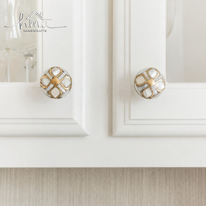 Round Brass Cabinet Knob White Marble Inlay <b>Gold</b> Lattice Pattern Decorative <b>Drawer</b> <b>Pull</b> Elegant Furniture Hardware Handle Set - Product Image 1