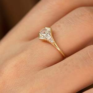 Asscher Cut Diamond Hexagon Ring 14K Gold Prong Setting Classic Engagement Band Women's Fine Jewelry - Product Image 2