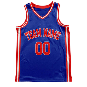 Conjunto de Uniforme de Baloncesto Retro Azul Personalizado, Jersey con Borde de Texto Rojo y Blanco, Pantalones Cortos, Diseño Retro con Nombre y Número del Equipo - Product Image 3