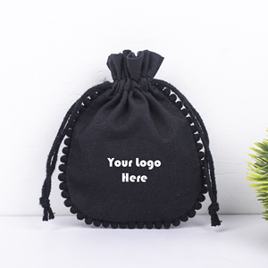Custom Logo Cotton <b>Drawstring</b> <b>Pouch</b> Black Jewelry Packaging Bag With Pom Pom Trim Hot Stamping Printing Accessories - Product Image 4