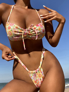 Maillot de bain sexy push-up imprimé à volants fendus pour femme, ensemble bikini 2 pièces à nouer avec tissu extensible et respirant, maillot de bain string - Product Image 6