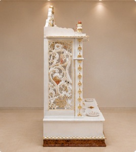 Customized Radha Krishna Temple for Home White And Gold Pooja <b>Mandir</b> With Peacock Carvings With Storage Drawers Puja Unit Sydney - Product Image 5