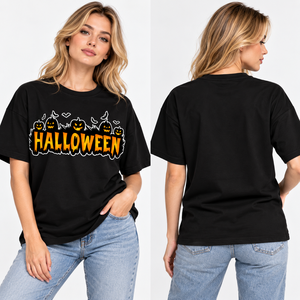 T-shirt graphique personnalisé Halloween pour femme et unisexe, en jersey de coton, coupe oversize, imprimé citrouille, manches courtes, vêtement décontracté, vente en gros - Product Image 1