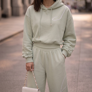 Premium Quality Women <b>Mint</b> <b>Green</b> Cotton Hooded Tracksuit Set Casual Loose Fit Full Length Solid Color With Side Pockets - Product Image 6
