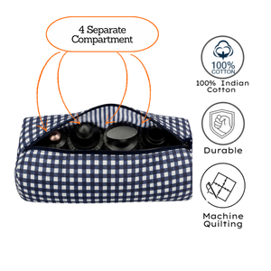 Sac de rangement pour sèche-cheveux Dyson, artisanal, bleu à carreaux, imprimé au bloc, avec fermeture éclair, rembourré doux, 4 compartiments, matelassé, en pur coton - Product Image 3