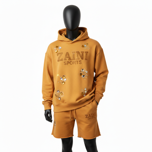 Ensemble sweat à capuche et short en coton polyester épais GSM pour homme, couleur moutarde, avec logo thermocollé en strass de luxe - Product Image 4