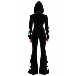 Ensemble de survêtement à capuche en velours noir pour femme, manches longues, fermeture éclair sur le devant, vêtements décontractés d'automne, sweat-shirt et pantalon avec accents blancs - Product Image 4