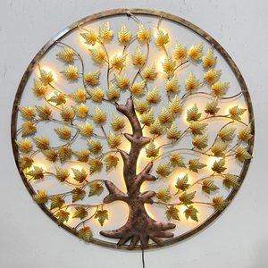 Arte Mural Metálico de Árbol con Diseño de Follaje Circular, Marco Dorado con Retroiluminación, Decoración Contemporánea para el Hogar, Pieza Única Grande de 33-40 Pulgadas - Product Image 1