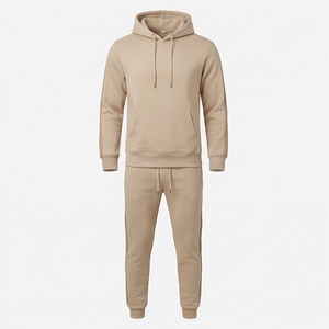 Ensemble de survêtement beige à capuche pour homme, décontracté, couleur unie, sweat-shirt et pantalon en coton avec cordon de serrage et poches latérales - Product Image 1