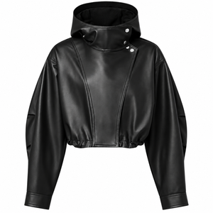 <b>Women</b>’s <b>Black</b> Faux Leather <b>Cropped</b> Hooded Jacket Long Sleeve Casual Zip Front <b>Top</b> - Product Image 1