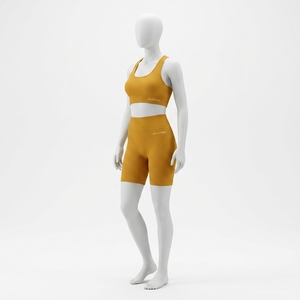 Ensemble de sport pour femme jaune moutarde côtelé : Soutien-gorge de sport et short cycliste taille haute pour yoga, gym, fitness et entraînement - Product Image 2