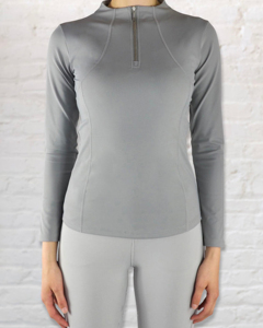 Camiseta de equitación de manga larga para mujer, ajustada, gris ultra, con cremallera, de color liso, de secado rápido, para entrenamiento ecuestre - Product Image 4