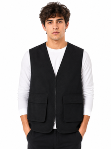 Gilet sans manches noir pour homme, décontracté, avec fermeture éclair sur le devant, multi-poches, col en V, veste légère et fonctionnelle - Product Image 1