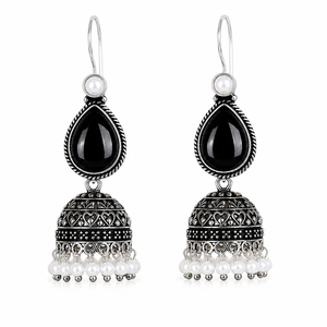 Black Onyx Pearl Oxidized Jhumka <b>Earrings</b> | Vintage Teardrop Bell <b>Earrings</b> for Women - Product Image 1