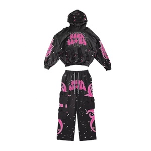 Pantalon vintage d'hiver noir délavé à l'acide, coupe évasée et oversize, léger, imprimé, avec strass et broderie 3D - Product Image 2
