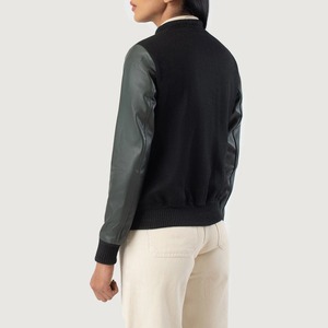 Women's Black Varsity <b>Jacket</b> With Faux <b>Leather</b> Sleeves Button Closure Stand Collar Autumn Wear - Product Image 2
