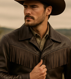Luxury <b>Men</b>’s Genuine <b>Leather</b> Fringe <b>Jacket</b> <b>Brown</b> Western Cowboy Style Vintage Tassel Outerwear for <b>Men</b> - Product Image 3