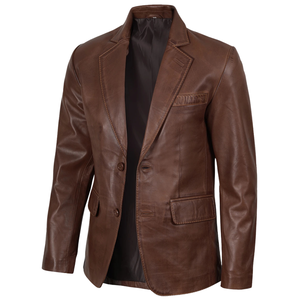 Blazer en cuir ciré couleur cognac pour homme, col à revers, manteau formel en cuir véritable - Product Image 4