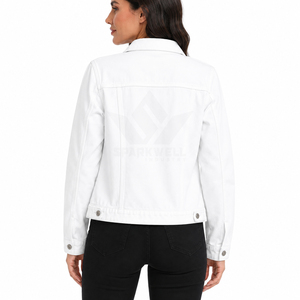 Custom Women's White <b>Denim</b> <b>Jacket</b> Button Front Long Sleeve Casual Jean <b>Jacket</b> with Chest Flap Pockets Wholesale - Product Image 2