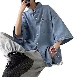 Chemises en denim pour hommes, couleur unie noire, de haute qualité, 100% coton, coupe ample, écologiques, manches courtes - Product Image 1