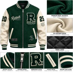 <b>Men's</b> Green <b>Cream</b> Varsity <b>Jacket</b> Embroidered Letter R Zipper Closure Preppy Style Autumn Wear - Product Image 6