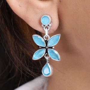 Wholesale Oxidized <b>Silver</b> Brass Blue Cat Eye Stone <b>Dangle</b> <b>Earring</b> for Women | Boho Floral Drop <b>Earrings</b> | Fashion Jewelry Supply - Product Image 1
