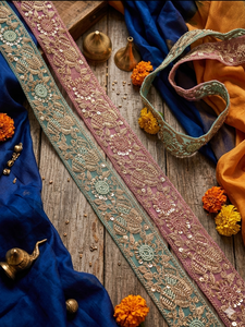 Elegante Encaje Bordado Estilo Zardosi con Diseño Floral, Ecológico, 100% Poliéster, con Intrincados Detalles de Cuentas, Lentejuelas Metálicas y Tul Fino - Product Image 5