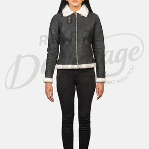Veste en cuir véritable noir vieilli pour femme avec garniture en fausse fourrure blanche, coupe ajustée, en peau de mouton de qualité supérieure, style motard décontracté pour l'hiver - Product Image 4