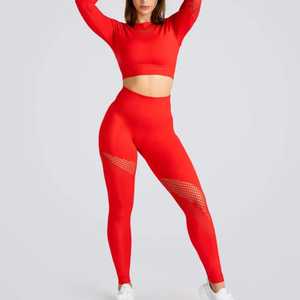 Conjunto de Yoga Rojo de 2 Piezas, Leggings de Cintura Alta, Top Corto sin Mangas, Detalle de Malla, Sin Costuras, Spandex/Nylon, Transpirable por Delante - Product Image 4
