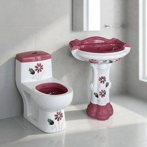 Ensemble complet de sanitaires en céramique Vitrossa de couleur verte chinoise, comprenant un WC et un lavabo sur piédestal - Product Image 5