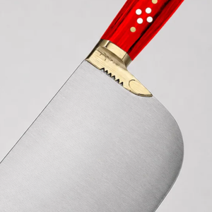 Couteau à viande robuste, lame large courbée argentée, manche riveté rouge, embout doré, couteau de boucher pour la découpe de viande - Product Image 6