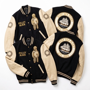 Blouson Bomber Varsity Personnalisé avec Manches en Cuir, Broderie Voiles de Moulin à Vent en Laine, Patch Brodé Timber Spindle, Couleur Ardoise - Product Image 2