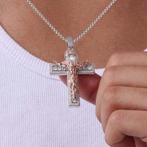 Collar con Colgante Cristiano de Oro Rosa Auténtico, Chapado en Oro Rosa, con Cadena de Eslabones, para Hombre y Mujer, Regalo Hip Hop - Product Image 4