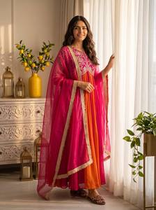 Ensemble Anarkali rose pour femme, Salwar Kameez Dupatta, ethnique pakistanais et indien, en coton, longueur ras du sol, toutes saisons, séchage rapide, protection solaire - Product Image 6