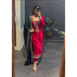 ATTRACTIVE <b>VISCOSE</b> VELVET SEQUENCE EMBROIDERY WORK <b>TOP</b> BOTTOM WITH DUPATTA PINK - Product Image 1