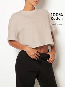 Puff Embroidered women's shirt Custom Beige Loose Fit Crop <b>Top</b> Drop Shoulder All Seasons Street Wear Casual Oversized Cropped - Product Image 5