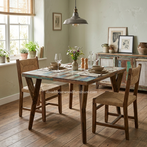 Table à manger carrée en bois de bateau recyclé, faite à la main, écologique, avec système de démontage, couleur naturelle, style ancien bateau - Product Image 5