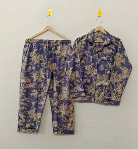 New Elegant Floral Pattern Cotton Pajama Set Breathable Button Notched-Collar Shirt With Flowing <b>Trousers</b> Two Piece Pj Set - Product Image 1